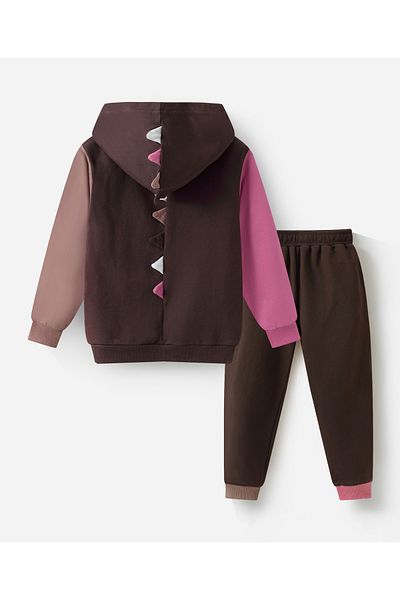 SAPS 100% Cotton Full Sleeves Star Embroidered Hooded Jacket & Solid Pants/Co-ord Set - Brown & Pink