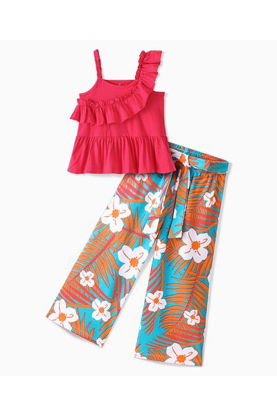 Ollington St. Ollington St. 100% Cotton Knit One Shoulder Frilled Top & Floral Printed Culottes - Pink & Blue