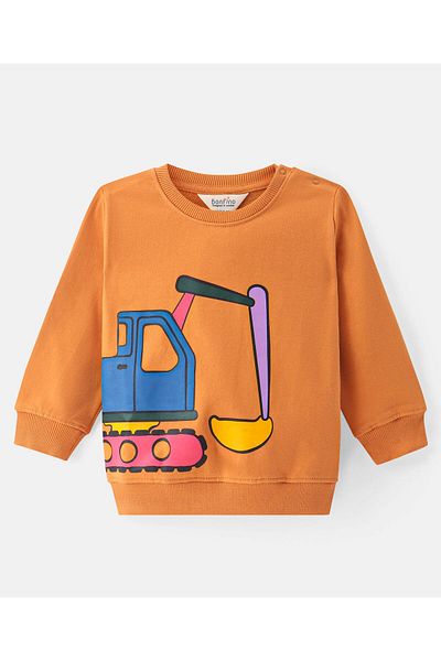 Bonfino 100% Cotton French Terry Full Sleeves T-Shirt & Jogger Set Construction Vehicles  - Orange