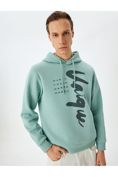 Koton Long Sleeve Cotton Blend Raster Hooded Printed Sweatshirt