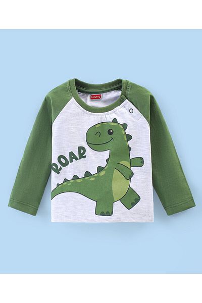 Babyhug - Cotton Knit Raglan Sleeves T-Shirt & Lounge Pants Set With Dino Print & Applique - Green