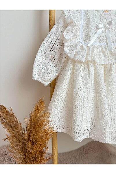 ALYRA Kız Bebek Çocuk Uzun Kollu Dantelli Fiyonklu Fırfırlı Parti Düğün Doğum Günü Bayramlık Elbise