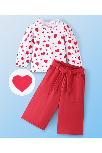 Ollington St. Ollington St.-100% Cotton Knit Full Sleeves Hearts Top & Solid  Set Self Fabric Belt-White & Red