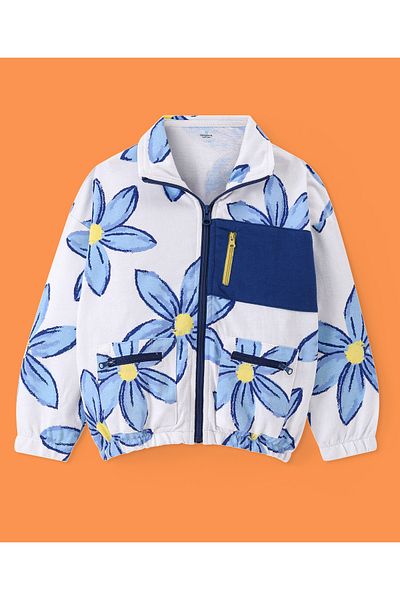 Ollington St. Ollington St. - Cotton Full Sleeves Floral Zipper s Jacket & Loose Track Pants Set - White & Blue