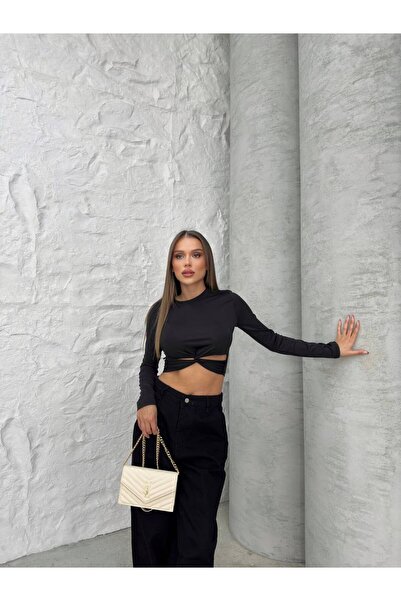 Genel Markalar Exxm Butik sandy kumaş göğüs altı dekolteli crop