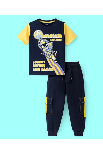 Ollington St. Ollington St. 100% Cotton Knit Half Sleeves T-Shirt & Joggers Set Space Theme  - Navy Blue & Yellow