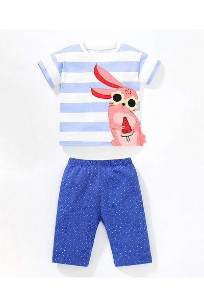 SAPS Rabbit Patched & Striped T-shirt & Printed Bottoms - White & Blue
