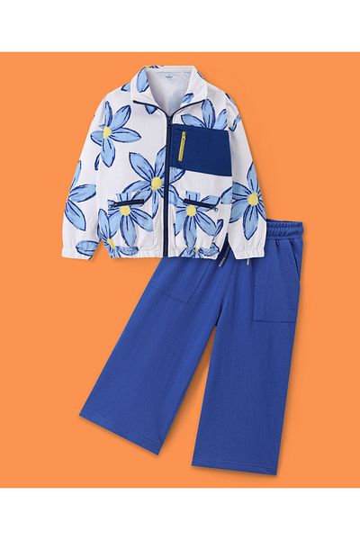 Ollington St. Ollington St. - Cotton Full Sleeves Floral Zipper s Jacket & Loose Track Pants Set - White & Blue