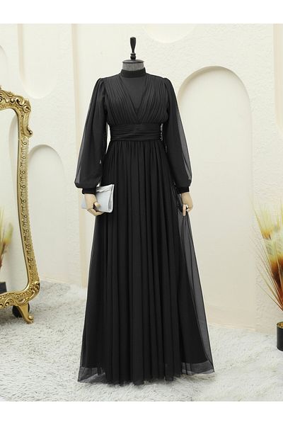 Modamorfo Pleated Double Breasted Tulle Evening Dress -Black
