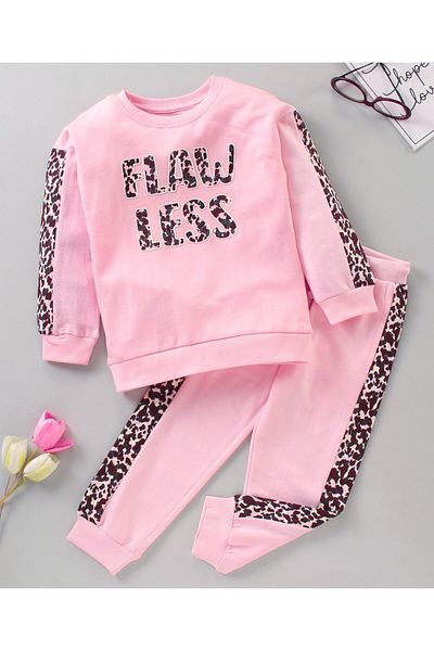 Ollington St. OLLINGTON ST. -Cotton Knit Full Sleeves Text Print Sweatshirt & Joggers Winter Wear Co-Ord Set-Pink
