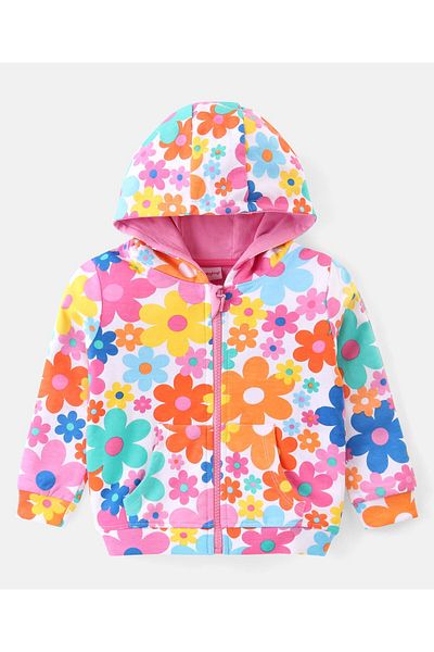 Babyhug Cotton Knit Full Sleeves Hooded Front Zipper Floral Top & Lounge Pants Co-Ord Set-Multicolor