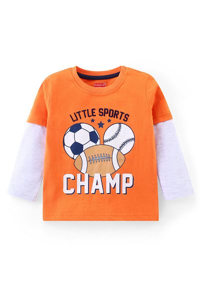 Babyhug -Cotton Knit Full Doctor Sleeved T-Shirt & Denim Jeans Set With Sporty Print-Orange & Blue