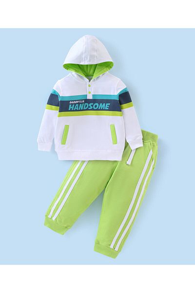Babyhug 100% Cotton Knit Full Sleeves Hooded T-Shirt & Lounge Pant Set With Text Print-White & Green