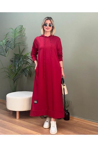 Ayşo Γυναικείο μπορντό φόρεμα με κουκούλα με δύο κλωστές και τσέπες