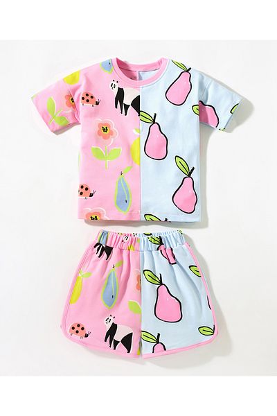SAPS All Over Animals & Fruits Print T-shirt & Shorts/Co-ord Set - Multicolor