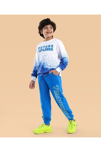 Ollington St. Ollington St. 100% Cotton Knit Full Sleeves Sweatshirt & Joggers Set With Text Print - White & Blue
