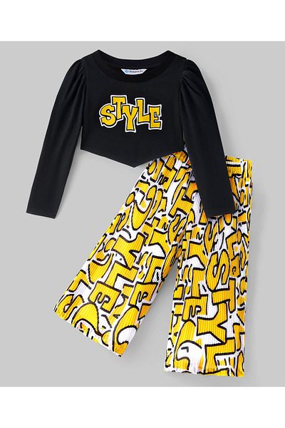 Ollington St. Ollington St. - Sinker Full Sleeves Crop Top & Woven Culotte Pant with Text Print - Black & Yellow