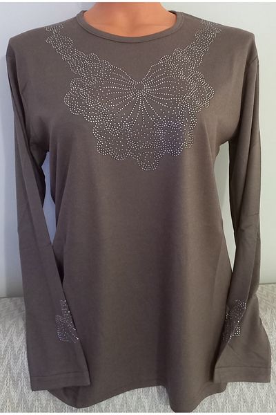 Anne Er Clothing - Mother Winter Crew Neck Rhinestone Beige Cotton Blouse