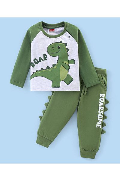 Babyhug - Cotton Knit Raglan Sleeves T-Shirt & Lounge Pants Set With Dino Print & Applique - Green