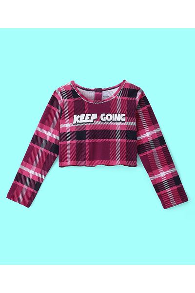 Ollington St. Ollington St.-Cotton Knit Full Sleeves Checkered Top With Text Print & Denim Pants Set-Multicolor