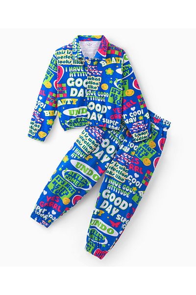 Ollington St. Ollington St. 100% Cotton Knit Full Sleeves Jacket & Joggers Co-Ord Set With Text Print - Multicolor