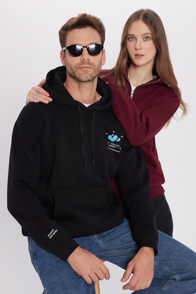 Tudors Unisex Relax Fit Rahat Kesim Pamuklu Içi Polarlı Yarım Fermuarlı Bordo Dik Yaka Sweatshirt