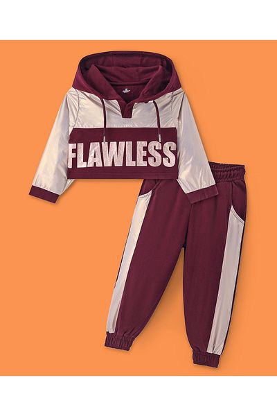 Ollington St. Ollington St. - Cotton Full Sleeves Color Blocked Hoodie & Joggers Winter Wear Set - Wine & Silver