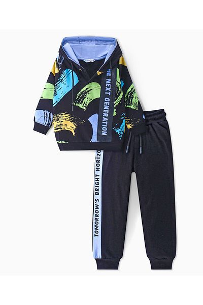 Ollington St. Ollington St. - 100% Cotton Knit Full Sleeves Text Printed Hooded Sweatshirt & Joggers Set - Black