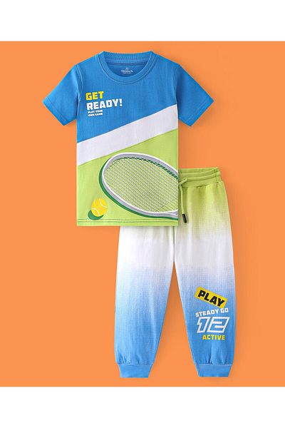 Ollington St. Ollington St. 100% Cotton Knit Half Sleeves T-Shirt & Joggers Co-ords Set Tennis Print - Multicolor