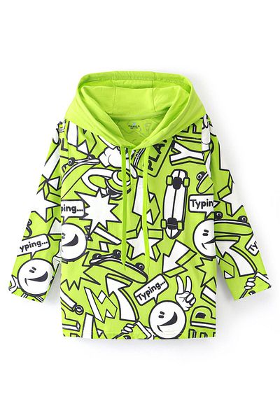 Ollington St. Ollington St. 100% Cotton Knit Full Sleeves Hooded Sweatshirt&Joggers Set Emoji Print -Green & Black