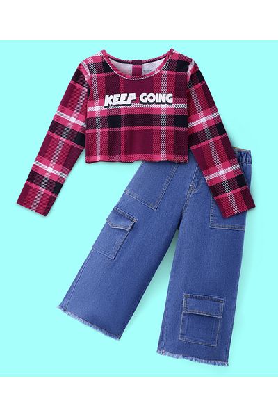 Ollington St. Ollington St.-Cotton Knit Full Sleeves Checkered Top With Text Print & Denim Pants Set-Multicolor