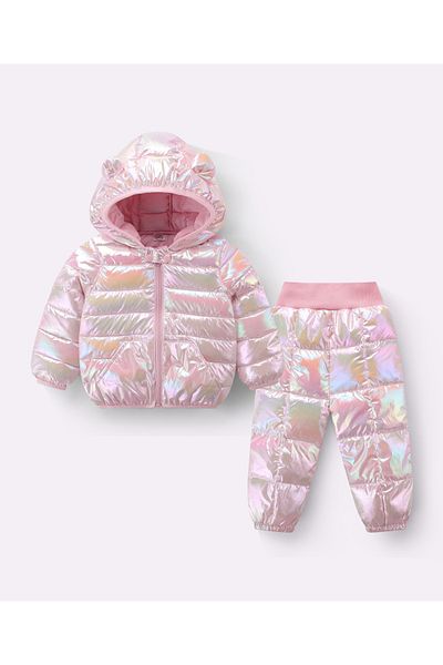 SAPS Full Sleeves Hooded Solid 3D Ears Detail Padded Jacket & Pants/Co-ord Set - Pink