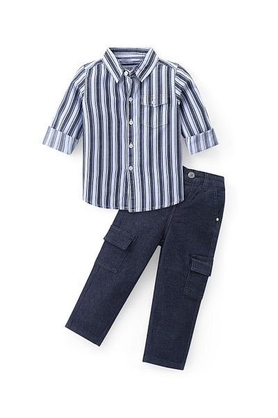 Babyhug Striped Regular Collar Shirt & Denim Jeans Set - White & Blue