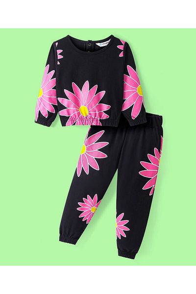 Ollington St. Ollington St. Cotton Knit Full Sleeves Sweatshirt & Joggers Winter Wear Co-Ord Set Floral  - Black