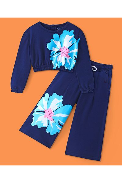 Ollington St. Ollington St. Cotton Knit Full Sleeves Sweatshirt & Track Pants Co-Ord Set With Floral Print - Navy