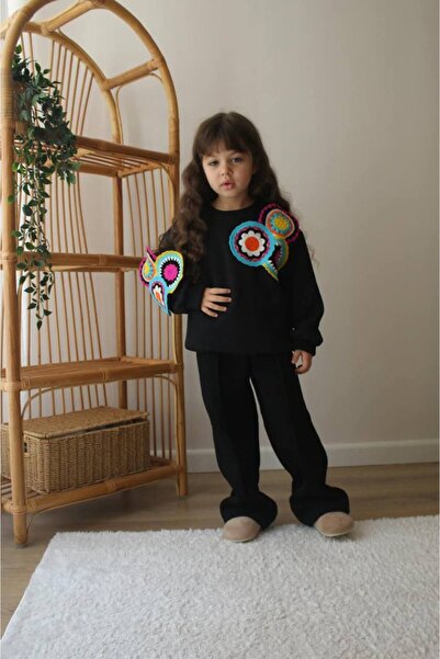 Lolliboomkids New Season Squishy 3 Thread Fleece Motif Embroidery Processing Black Color Sweatshirt Tracksuit Bottom Top Suit
