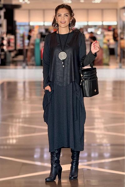 Nevin Kaya Moda Φόρεμα Bohemian Anthracite - Μάλλινο δερμάτινο γιλέκο βισκόζης και δώρο κολιέ