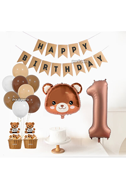 parti pera Retro Ayı Kafa Folyo Balon Kraft Happy Birthday Yazı Kahverengi Ra...