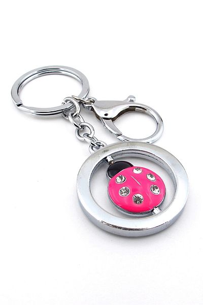 Solfera Pink Ladybug White Stone Metal Keychain - Nature Spinning Kc157