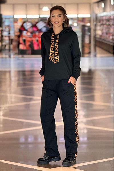 Nevin Kaya Moda Μαύρη Λεοπάρ Λεπτομερής Σετ φόρμας 100% βαμβακερή