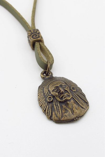 Solfera Native American Chief Mythological Bronze Metal Khaki Green Leather Men's Necklace Q0945
