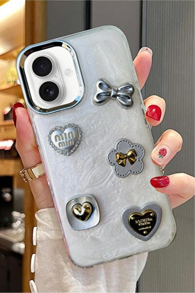 3GEN CASE İphone 16 Uyumlu 3D Taş Kurdele Kelebek Kalp İşleme Motifli Sert Kapak