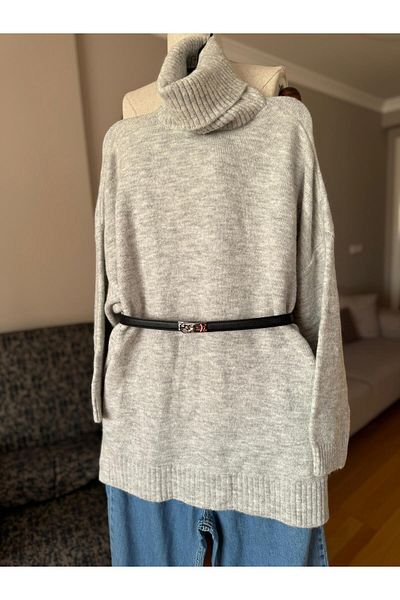 Natavanbutık Turtleneck Draped Long Sleeve Knitwear Gray Sweater