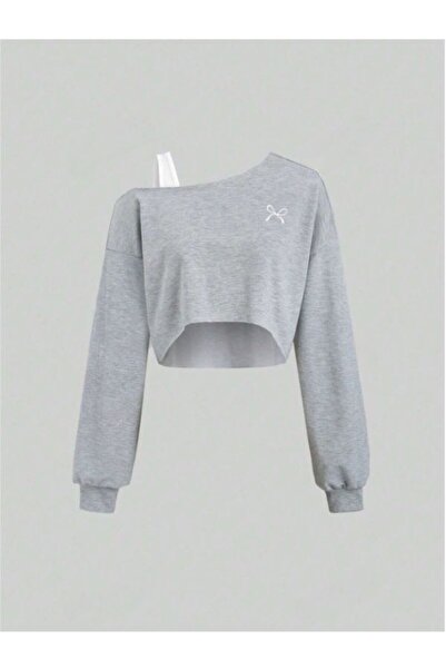 MOONBULL Kadın Tek Omuz Kalın Askılı Kurdele Baskılı Oversize Crop Sweatshirt