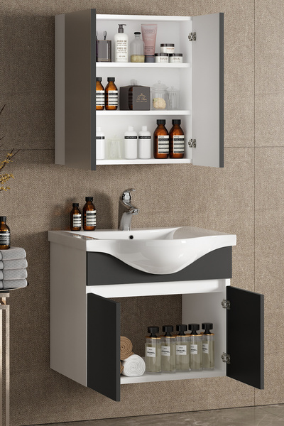 ÖZCEDEN Yıldız 55 cm Beyaz-Antrasit Gri Mat MDF Seramik Lavabolu Asma Banyo Dolabı Takımı