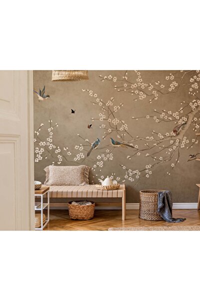 Tasarım Ağaç Dalları Küçük Çiçekler ve Kuşlar Temalı Duvar Kağıdı