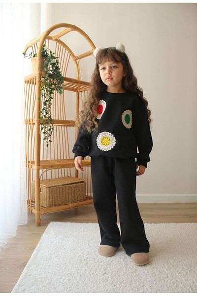Lolliboomkids Hanorac pentru fete, moale, cu 3 fire, fleece, brodat, albastru bleumarin - Set de pantaloni de trening