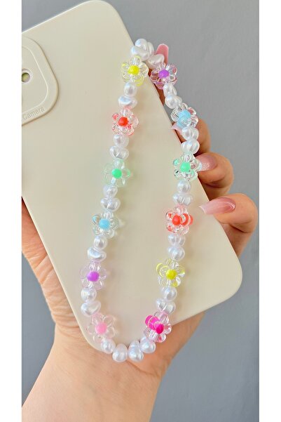 MİRAZ TASARIM Mi̇raztesarim Transparent Flower and Pearl Beaded Phone Charm Phone Hanger