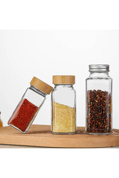 Vadi 2-Piece Bamboo Lid Square Glass Spice Rack Glass Storage Container - 120ml