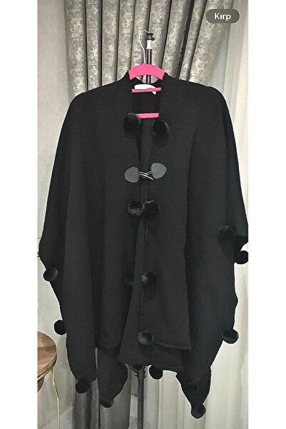 hilals Hilalay Kadın Triko Ponponlu Siyah Panço